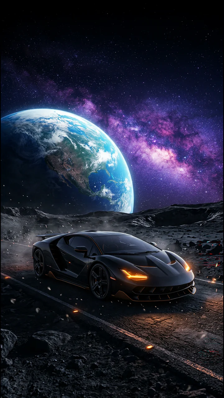 Dark sports car on a lunar road beneath Earth and the Milky Way