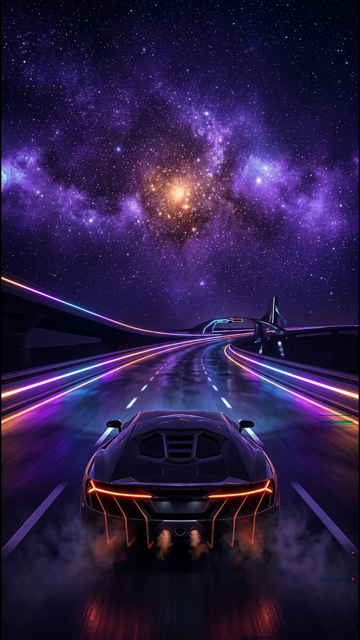 Dark sports car crossing a violet cosmic highway beneath bright stars