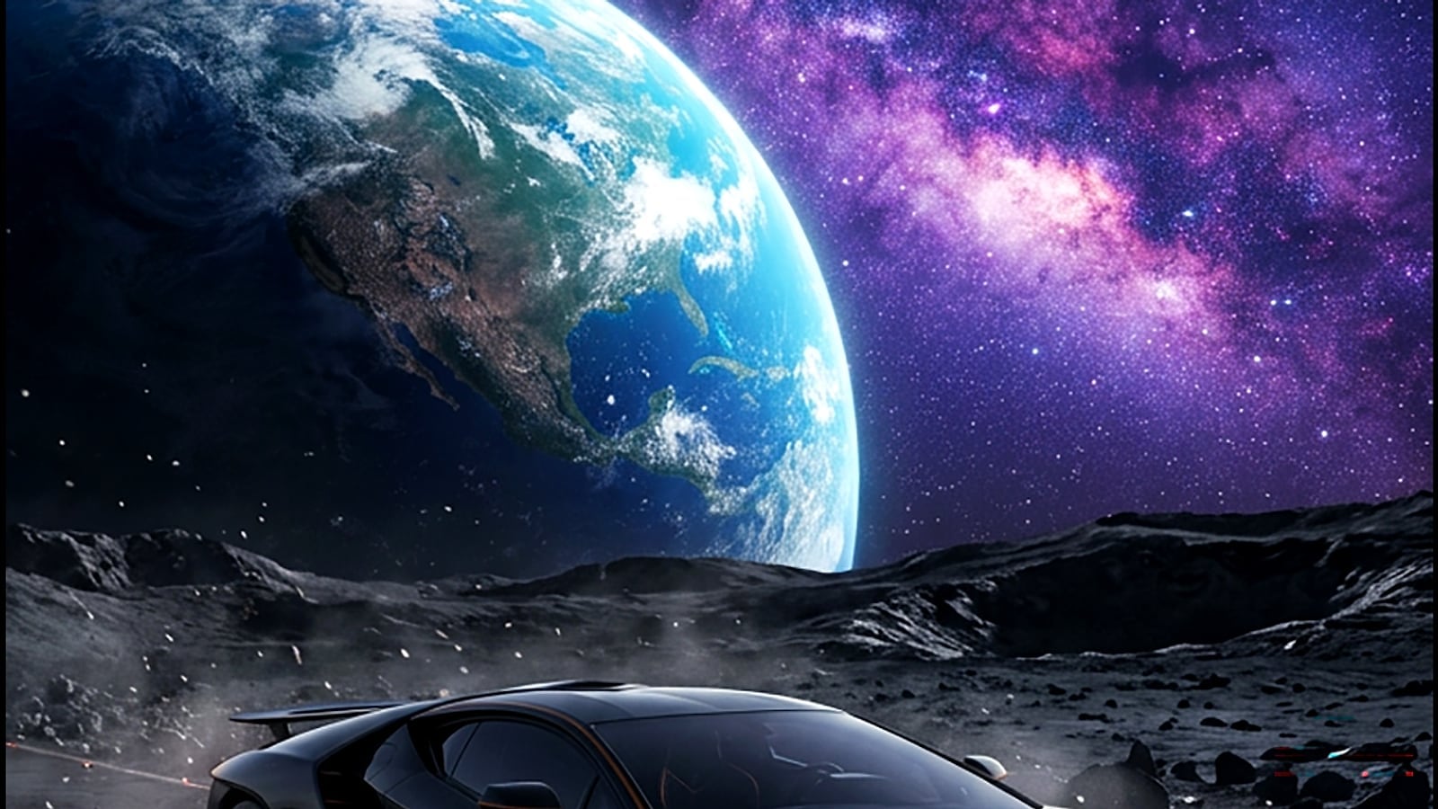 Dark sports car on a lunar road beneath Earth and the Milky Way