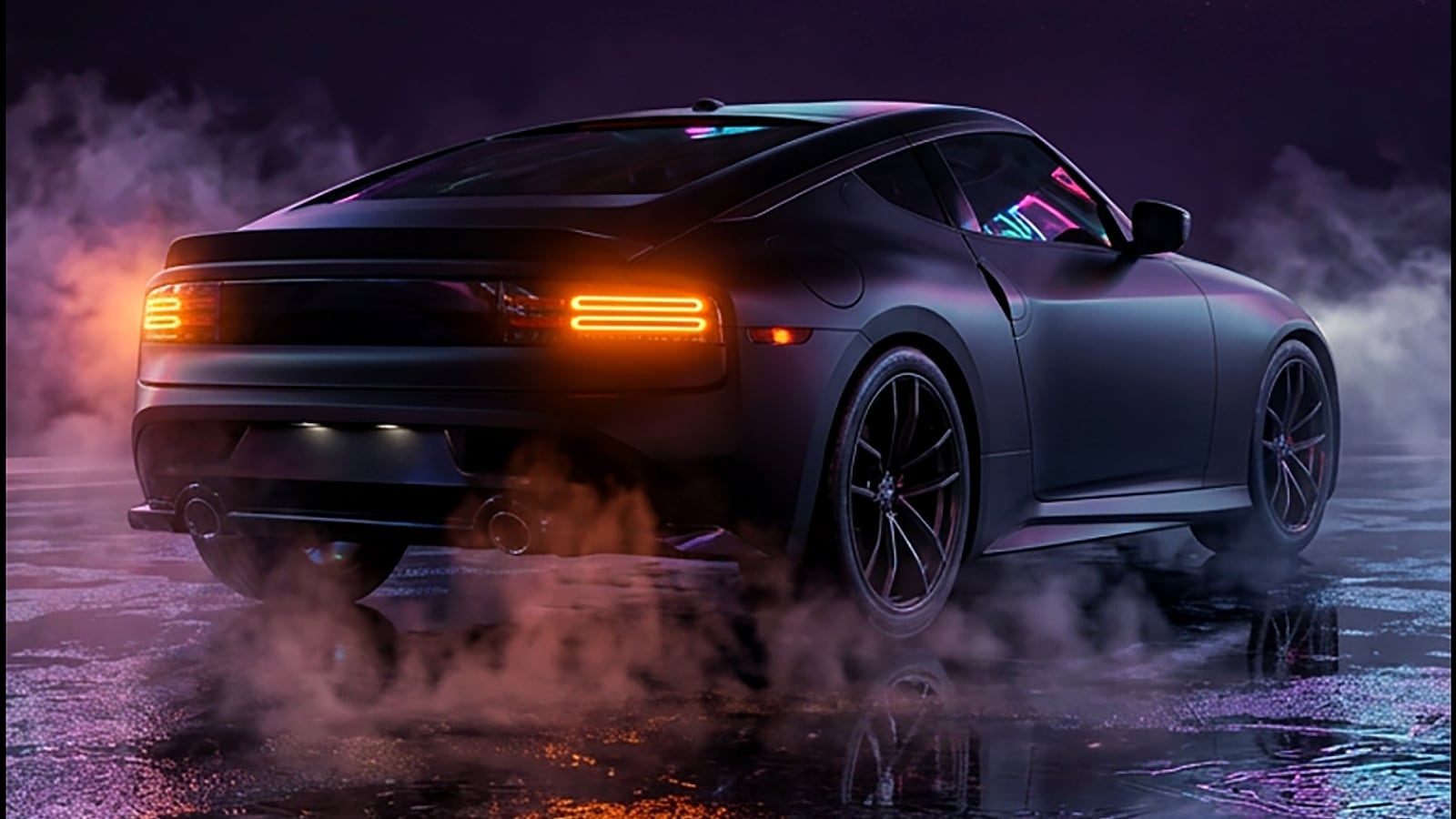 Dark performance car reflected in a rain-soaked cyan and magenta night road