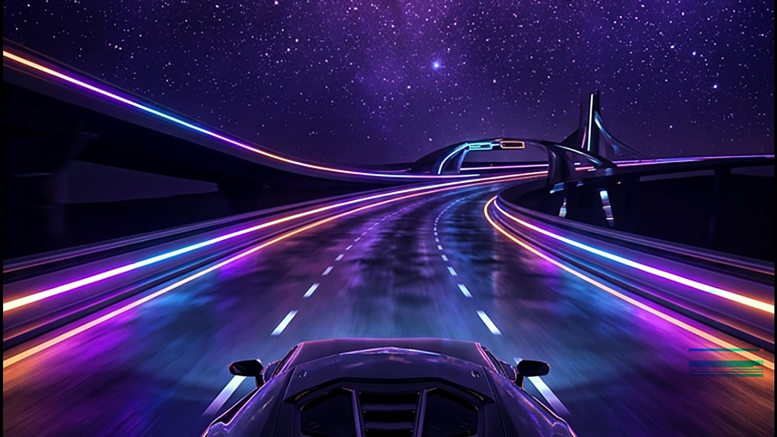 Dark sports car crossing a violet cosmic highway beneath bright stars
